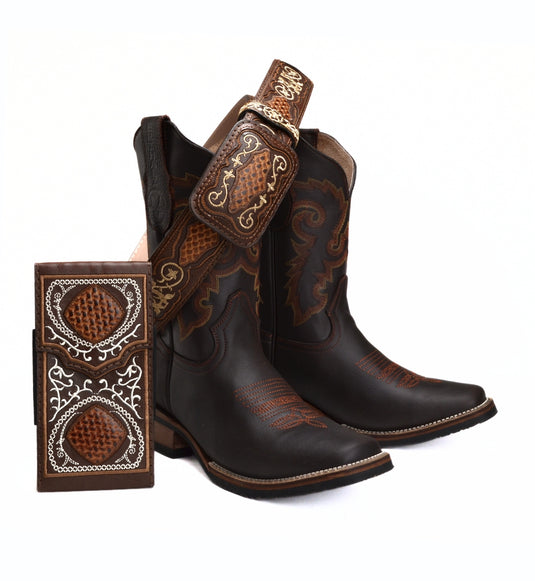 Combo VE517 Brown Men's Western Boots: Square Toe Rodeo boots in Genuine Leather with Belt and Phone Case