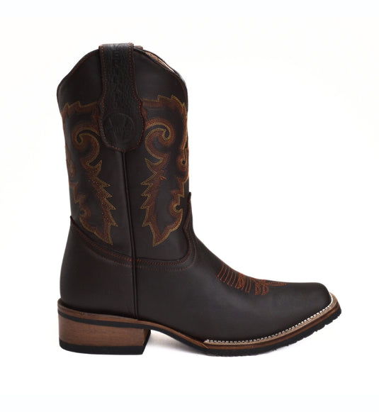 Combo VE517 Brown Men's Western Boots: Square Toe Rodeo boots in Genuine Leather with Belt and Phone Case