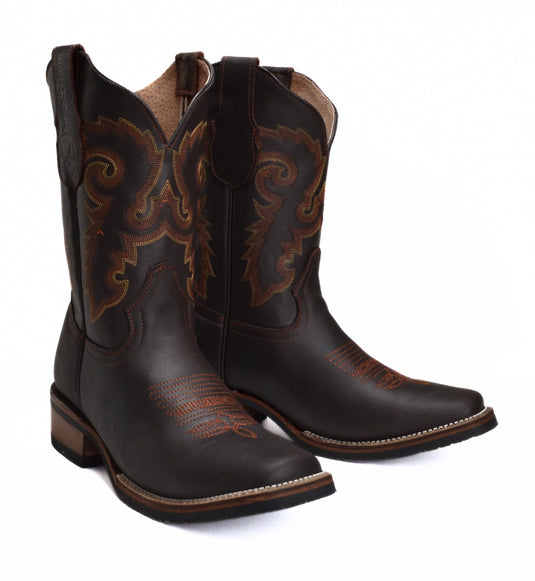 Combo VE517 Brown Men's Western Boots: Square Toe Rodeo boots in Genuine Leather with Belt and Phone Case