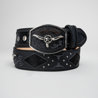 Men's Metal Bull Leather Artisanal Embroidery Cowboy Belt
