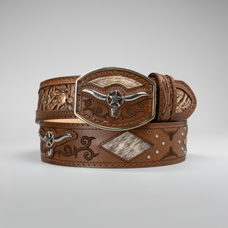 Men's Metal Bull Leather Artisanal Embroidery Cowboy Belt