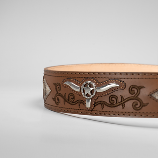 Men's Metal Bull Leather Artisanal Embroidery Cowboy Belt