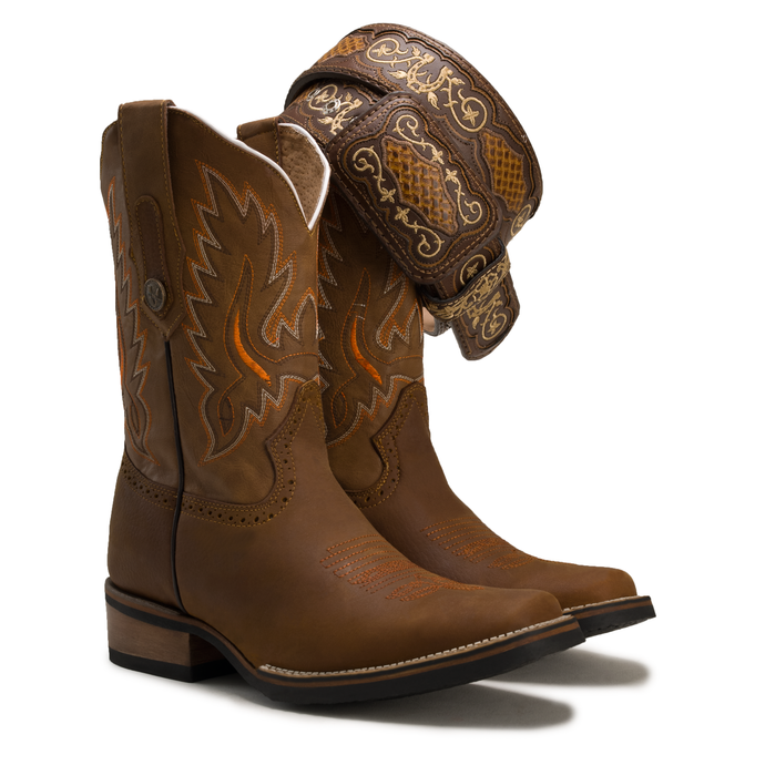 Combo VE517 Oryx Men's Western Boots: Square Toe Rodeo boots in Genuine Leather CB22 Brown Belt