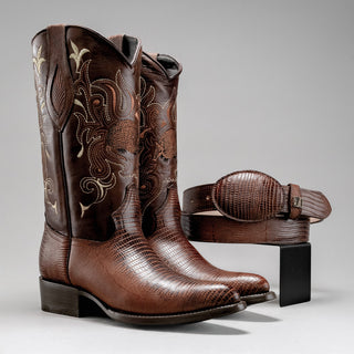 Men's Western Boots: J Toe Honey Cowboy boots in Lizard tribute Leather With Belt Combo
