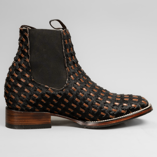 Men's Braided Leather and Hair Tribute Square Toe Ankle Boot