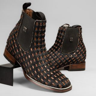 Men's Braided Leather and Hair Tribute Square Toe Ankle Boot