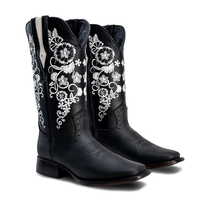 Joe Boots 15-01 Black Premium Women's Cowboy Embroidered Boots: Square Toe Western Boot, White Flowers