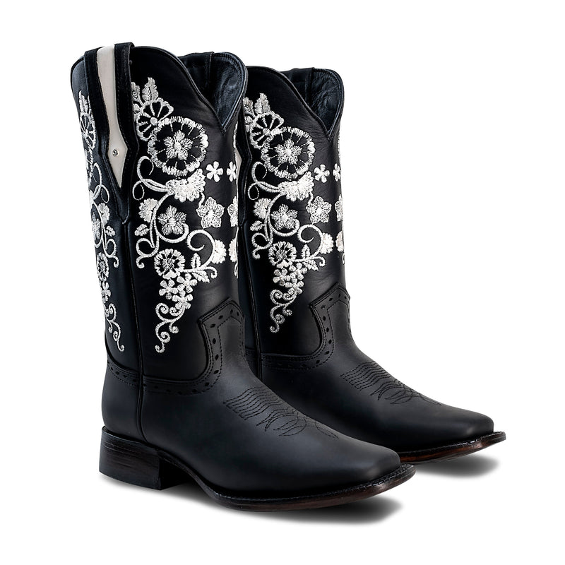 Load image into Gallery viewer, Joe Boots 15-01 Black Premium Women&#39;s Cowboy Embroidered Boots: Square Toe Western Boot, White Flowers
