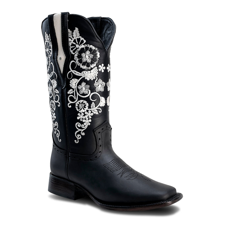 Load image into Gallery viewer, Joe Boots 15-01 Black Premium Women&#39;s Cowboy Embroidered Boots: Square Toe Western Boot, White Flowers
