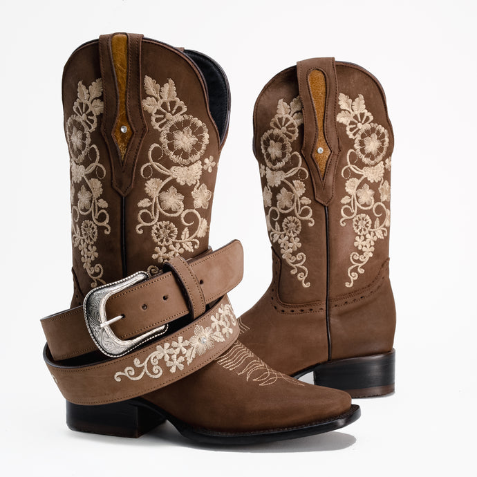 Combo 15-01 Sand Premium Women's Cowboy Embroidered Boots: Square Toe Western Boot