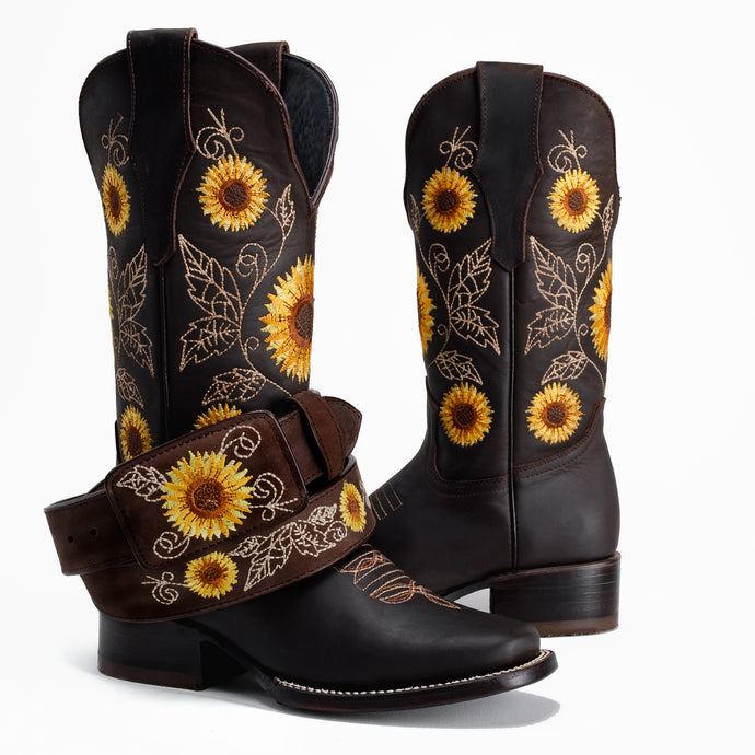 Combo 15-05 Brown Premium Women's Cowboy Sunflower Embroidered Boots: Square Toe Western Boot