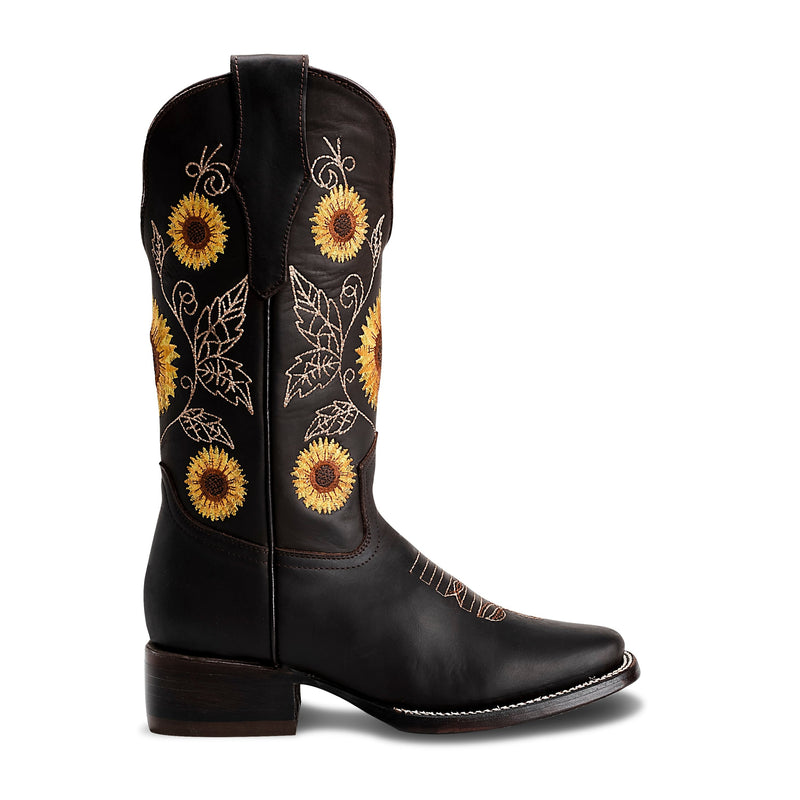 Load image into Gallery viewer, Joe Boots 15-05 Brown Premium Women&#39;s Cowboy Sunflower Embroidered Boots: Square Toe Western Boot
