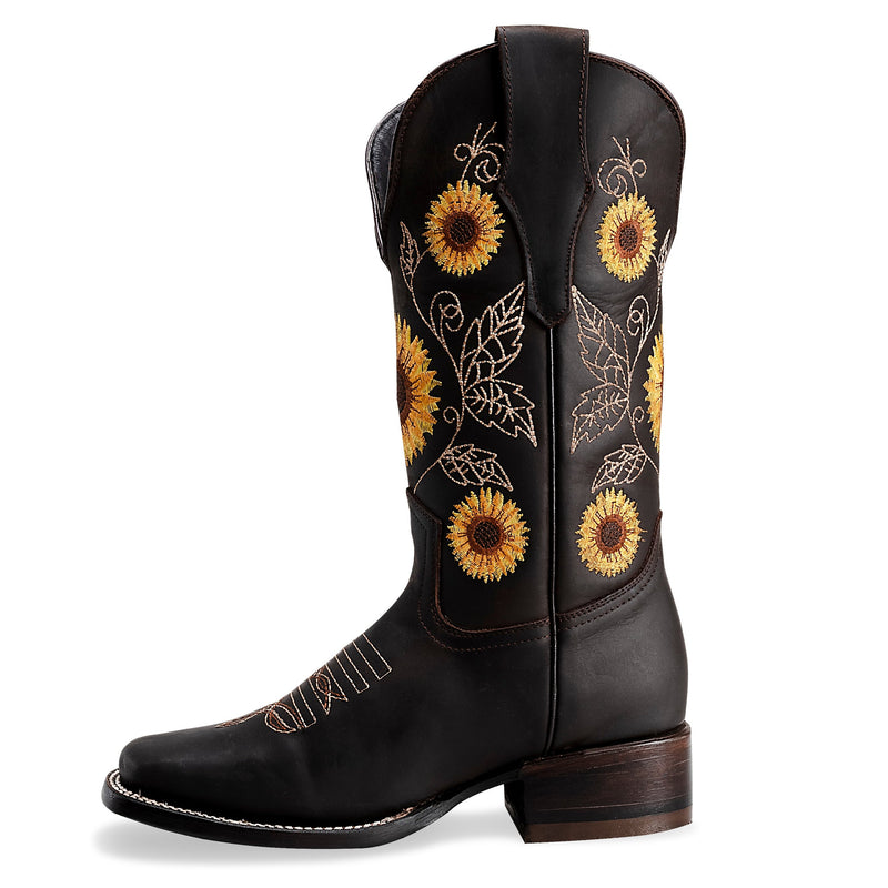 Load image into Gallery viewer, Joe Boots 15-05 Brown Premium Women&#39;s Cowboy Sunflower Embroidered Boots: Square Toe Western Boot
