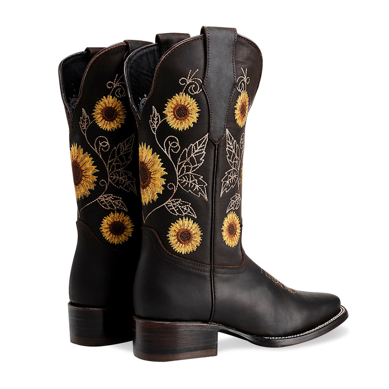 Load image into Gallery viewer, Combo 15-05 Brown Premium Women&#39;s Cowboy Sunflower Embroidered Boots: Square Toe Western Boot
