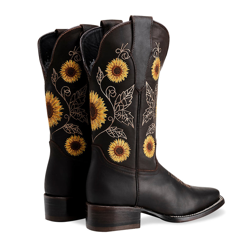 Load image into Gallery viewer, Joe Boots 15-05 Brown Premium Women&#39;s Cowboy Sunflower Embroidered Boots: Square Toe Western Boot
