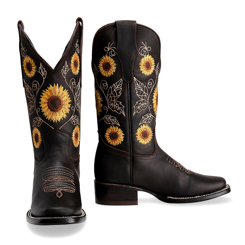 Load image into Gallery viewer, Combo 15-05 Brown Premium Women&#39;s Cowboy Sunflower Embroidered Boots: Square Toe Western Boot
