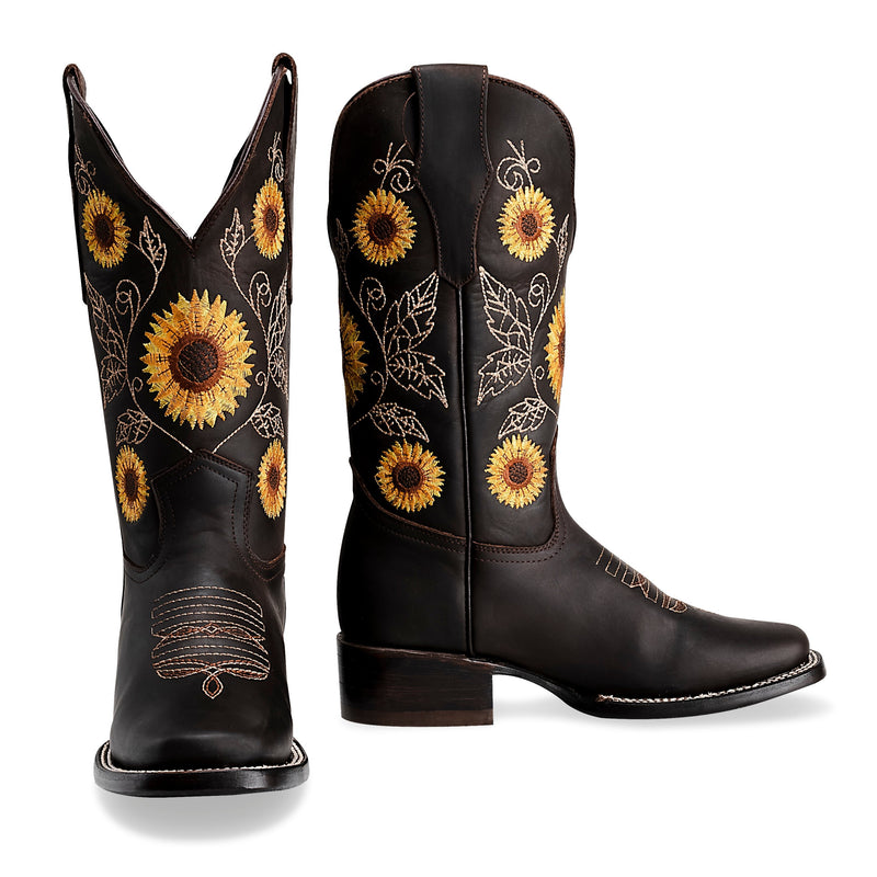 Load image into Gallery viewer, Joe Boots 15-05 Brown Premium Women&#39;s Cowboy Sunflower Embroidered Boots: Square Toe Western Boot
