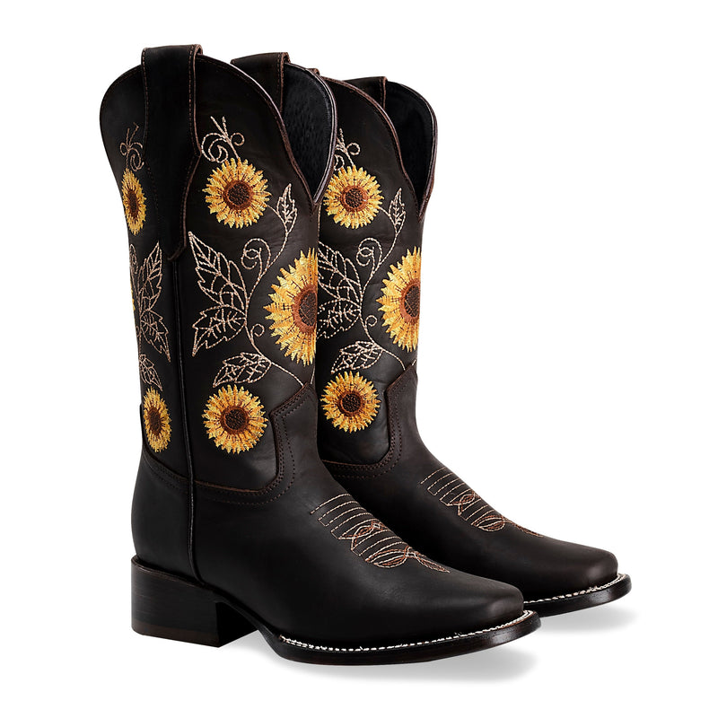 Load image into Gallery viewer, Combo 15-05 Brown Premium Women&#39;s Cowboy Sunflower Embroidered Boots: Square Toe Western Boot
