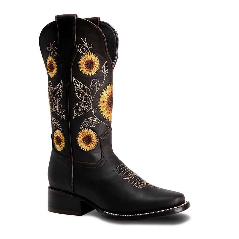 Load image into Gallery viewer, Joe Boots 15-05 Brown Premium Women&#39;s Cowboy Sunflower Embroidered Boots: Square Toe Western Boot
