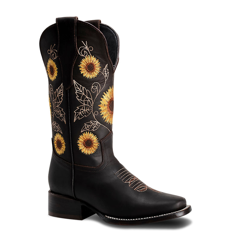 Load image into Gallery viewer, Combo 15-05 Brown Premium Women&#39;s Cowboy Sunflower Embroidered Boots: Square Toe Western Boot
