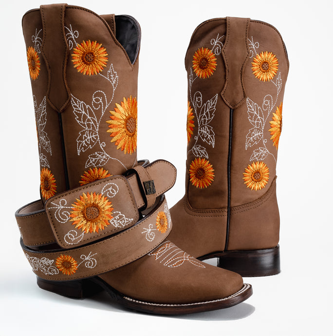 Joe Boots 15-05 Sand Premium Women's Cowboy Sunflower Embroidered Boots: Square Toe Western Boot