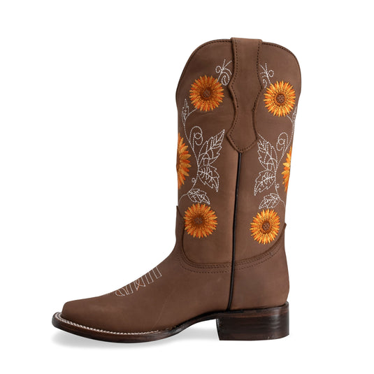 Joe Boots 15-05 Sand Premium Women's Cowboy Sunflower Embroidered Boots: Square Toe Western Boot