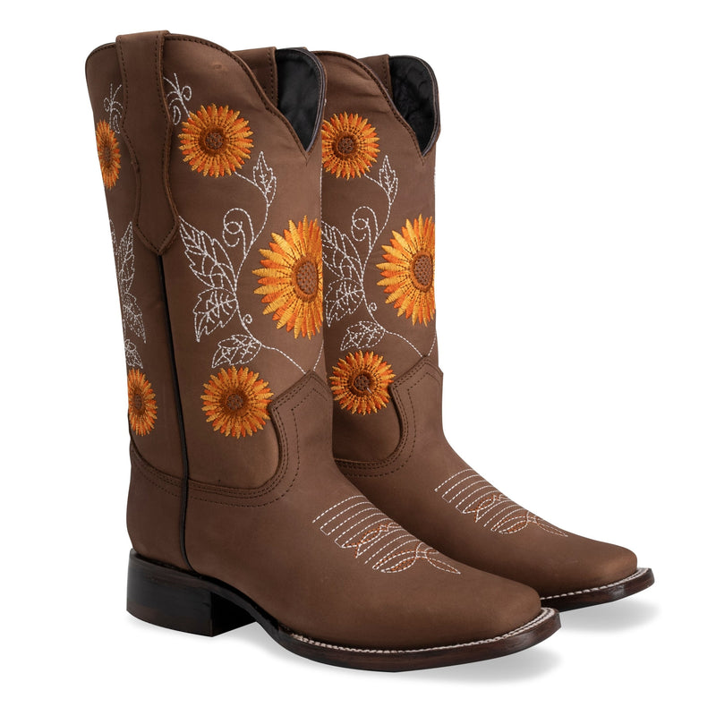 Load image into Gallery viewer, Joe Boots 15-05 Sand Premium Women&#39;s Cowboy Sunflower Embroidered Boots: Square Toe Western Boot
