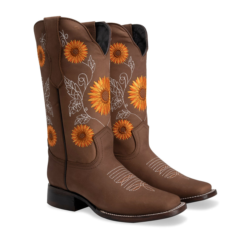 Load image into Gallery viewer, Joe Boots 15-05 Sand Premium Women&#39;s Cowboy Sunflower Embroidered Boots: Square Toe Western Boot
