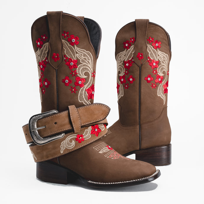 COMBO 16-06 Sand/Red Premium Women's Cowboy Boots,  Embroidered Red flowers cowgirls Boots: Square Toe Western Boots.