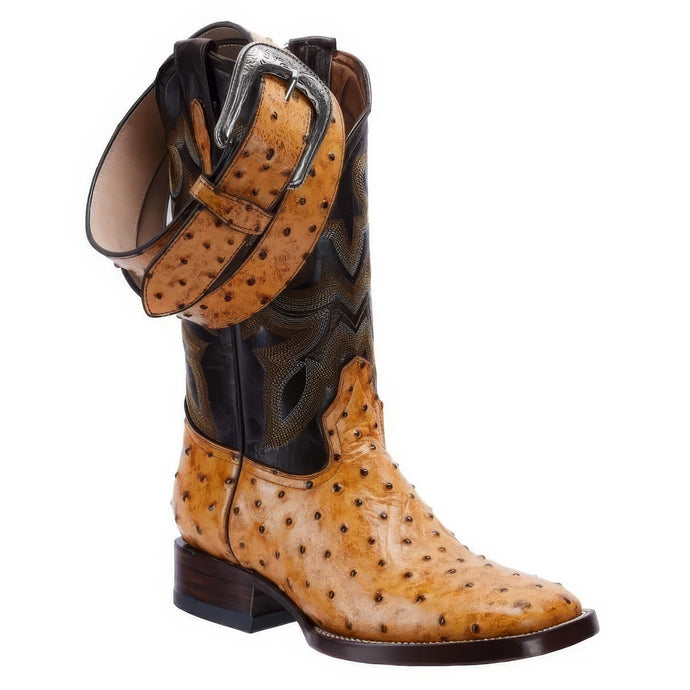 JB701 Buttercup Combo Men's Western Boots: Square Toe Cowboy & Rodeo Boots Ostrich print in Genuine Leather Belt BD01