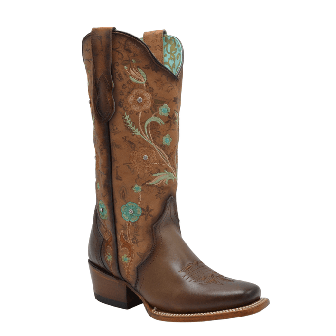 PAC01 Brown Woman Boots Square Toe with Turquoise Flowers