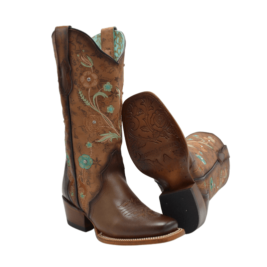 PAC01 Brown Woman Boots Square Toe with Turquoise Flowers