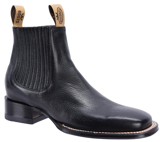 VS370 Black Men’s Short Ankle Western Boots Square Toe Cowboy Short Boot  Leather