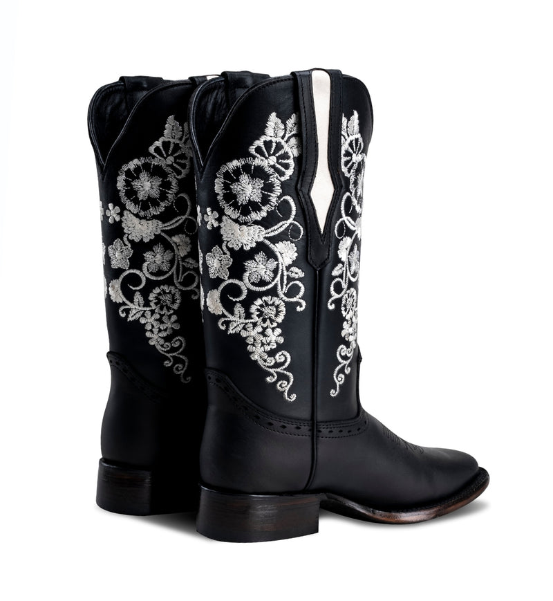 Load image into Gallery viewer, Joe Boots 15-01 Black Premium Women&#39;s Cowboy Embroidered Boots: Square Toe Western Boot, White Flowers
