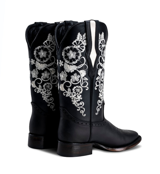 Joe Boots 15-01 Black Premium Women's Cowboy Embroidered Boots: Square Toe Western Boot, White Flowers