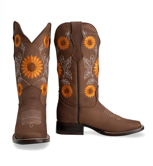 Joe Boots 15-05 Sand Premium Women's Cowboy Sunflower Embroidered Boots: Square Toe Western Boot