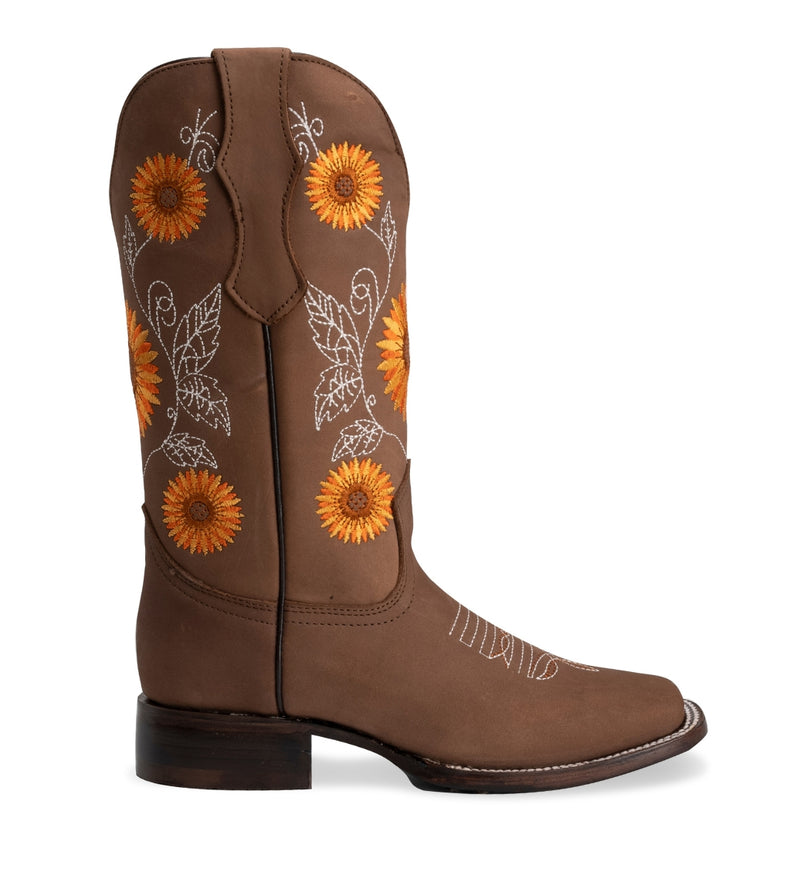 Load image into Gallery viewer, Joe Boots 15-05 Sand Premium Women&#39;s Cowboy Sunflower Embroidered Boots: Square Toe Western Boot
