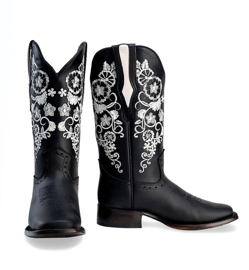 Load image into Gallery viewer, Joe Boots 15-01 Black Premium Women&#39;s Cowboy Embroidered Boots: Square Toe Western Boot, White Flowers
