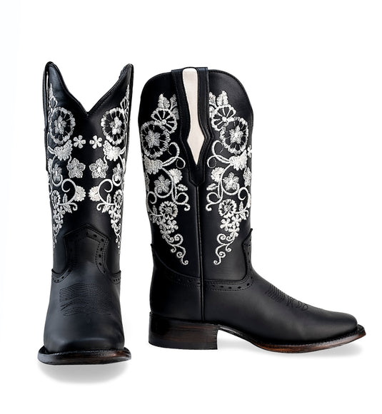 Joe Boots 15-01 Black Premium Women's Cowboy Embroidered Boots: Square Toe Western Boot, White Flowers