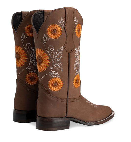 Joe Boots 15-05 Sand Premium Women's Cowboy Sunflower Embroidered Boots: Square Toe Western Boot