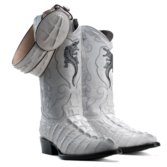 Combo JB904 Bone Combo Men's Western Boots: J Toe Cowboy boots in Caiman Print Leather with 004 Bone Belt