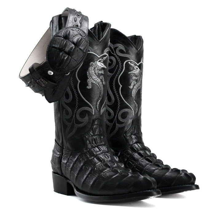 Combo JB904 Black Combo Men's Western Boots: J Toe Cowboy boots in Caiman Print Leather with 004 Black  Belt