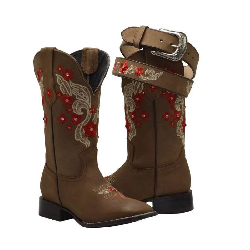 Load image into Gallery viewer, JB16-06 Women Square Toe Boots Red Flowers SET with Belt
