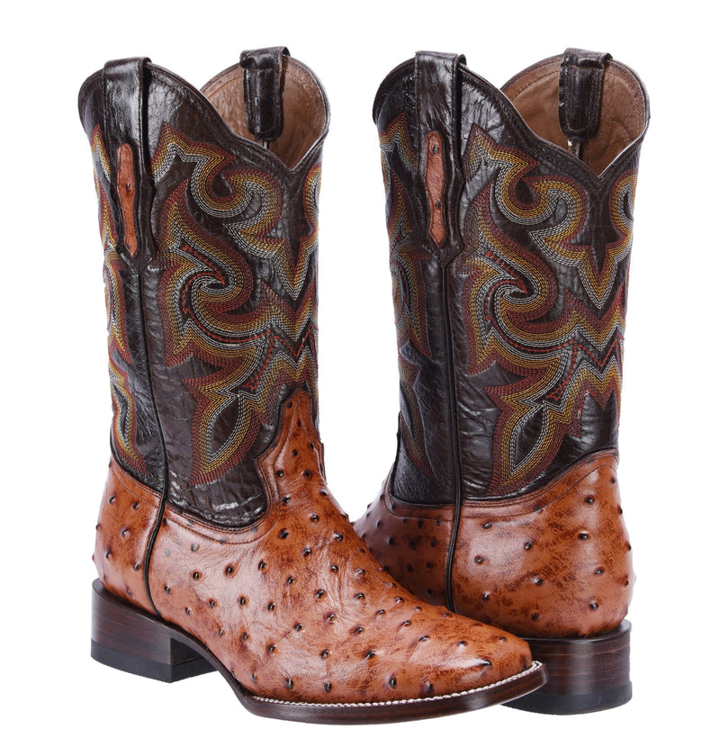 Load image into Gallery viewer, JB701 Cognac Combo Men&#39;s Western Boots: Square Toe Cowboy &amp; Rodeo Boots Ostrich print in Genuine Leather Belt BD01
