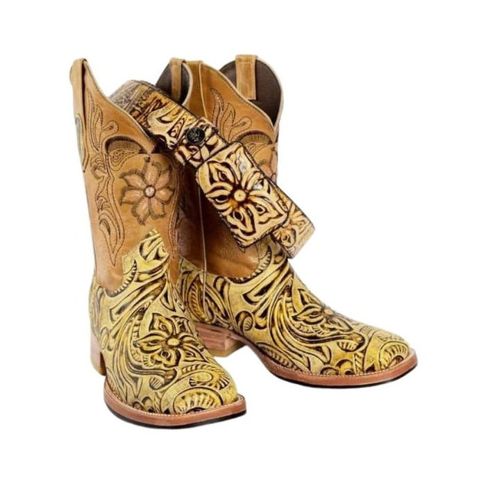 Joe boots 569 Hand Tooled Natural Combo Men's Western Boots: Square Toe Cowboy & Rodeo Boots in Genuine Leather with Belt 169