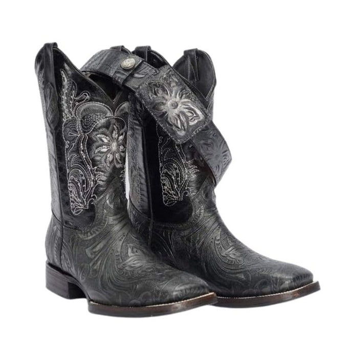 Joe boots 569 Hand Tooled Black Combo Men's Western Boots: Square Toe Cowboy & Rodeo Boots in Genuine Leather with Belt 169