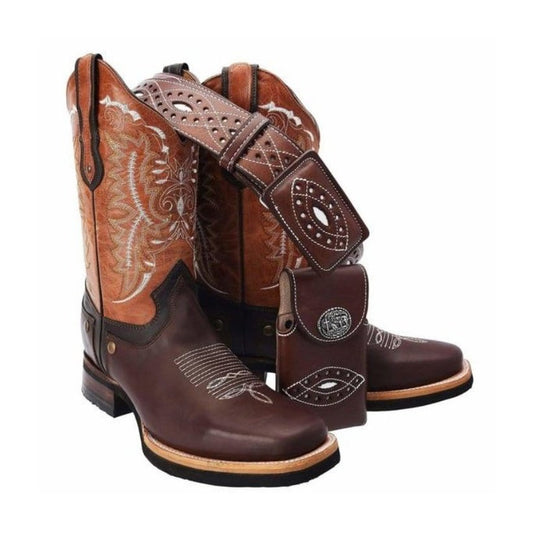 Joe Boots 512 Brown Combo Men's Western Boots: Square Toe Cowboy & Rodeo Boots in Genuine Leather with  CB02