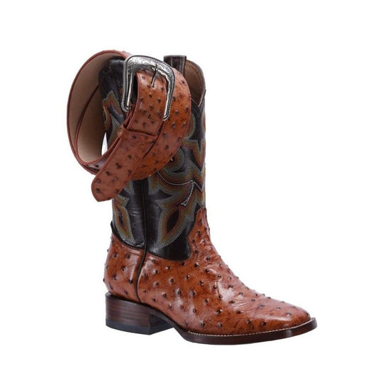 JB701 Cognac Combo Men's Western Boots: Square Toe Cowboy & Rodeo Boots Ostrich print in Genuine Leather Belt BD01