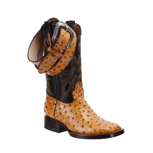 JB701 Buttercup Combo Men's Western Boots: Square Toe Cowboy & Rodeo Boots Ostrich print in Genuine Leather Belt BD01