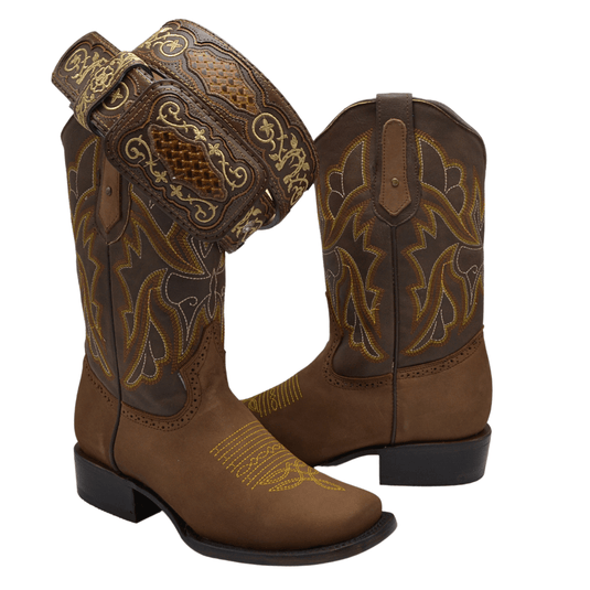 MEN'S RODEO COWBOY BOOTS HAND TOOLED LEATHER WESTERN SQUARE TOE BROWN BOTAS
